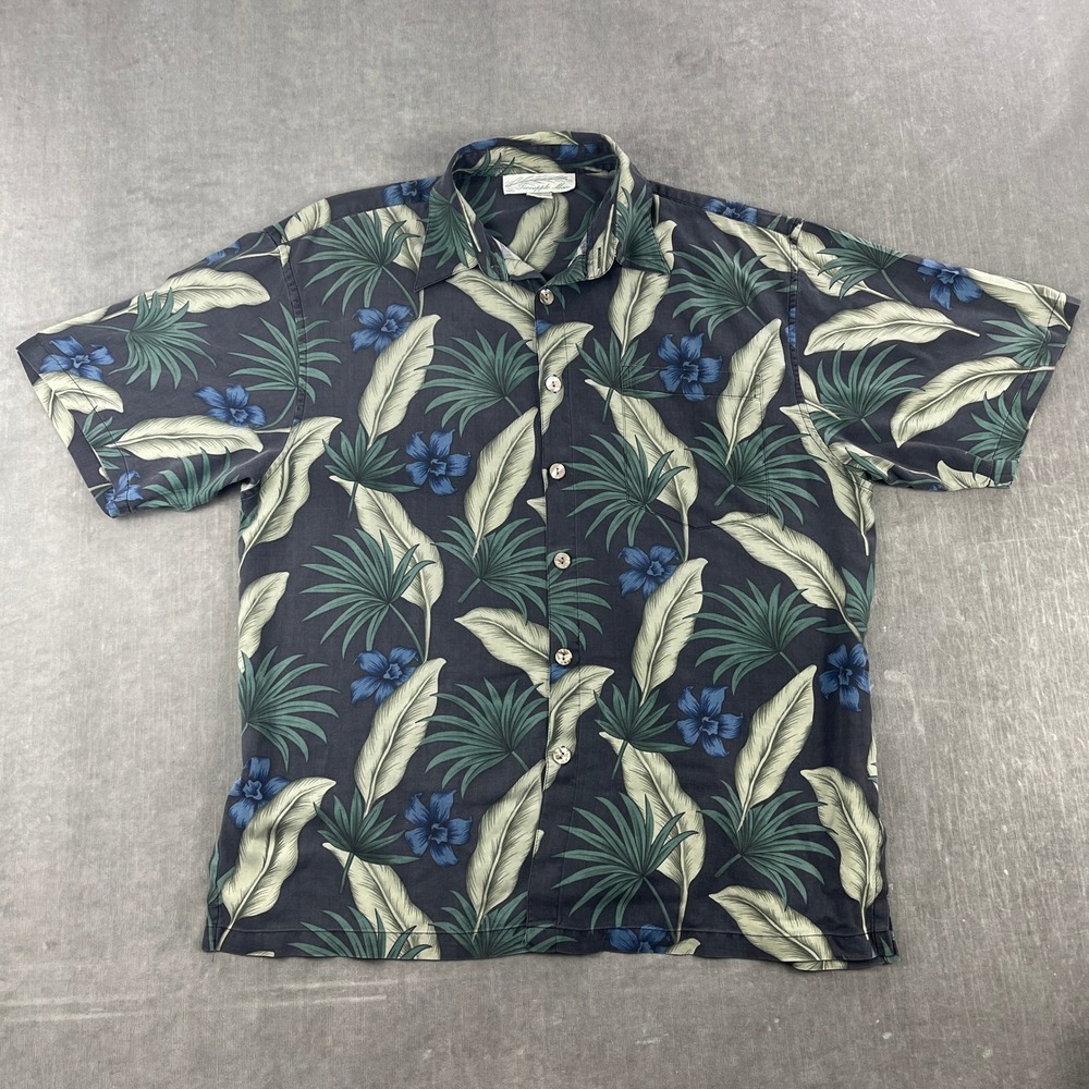 Pineapple Moon Mens L Black Silk Tropical Floral Palm Short Sleeve Button Shirt
